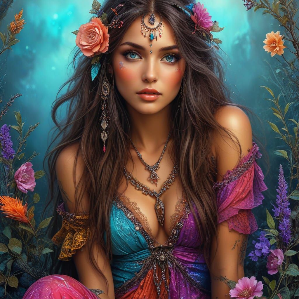 a realistic image of A beautiful bohemian gypsy type woman with long flowing white hair dressed in a colorful dress with rich shades of turq...