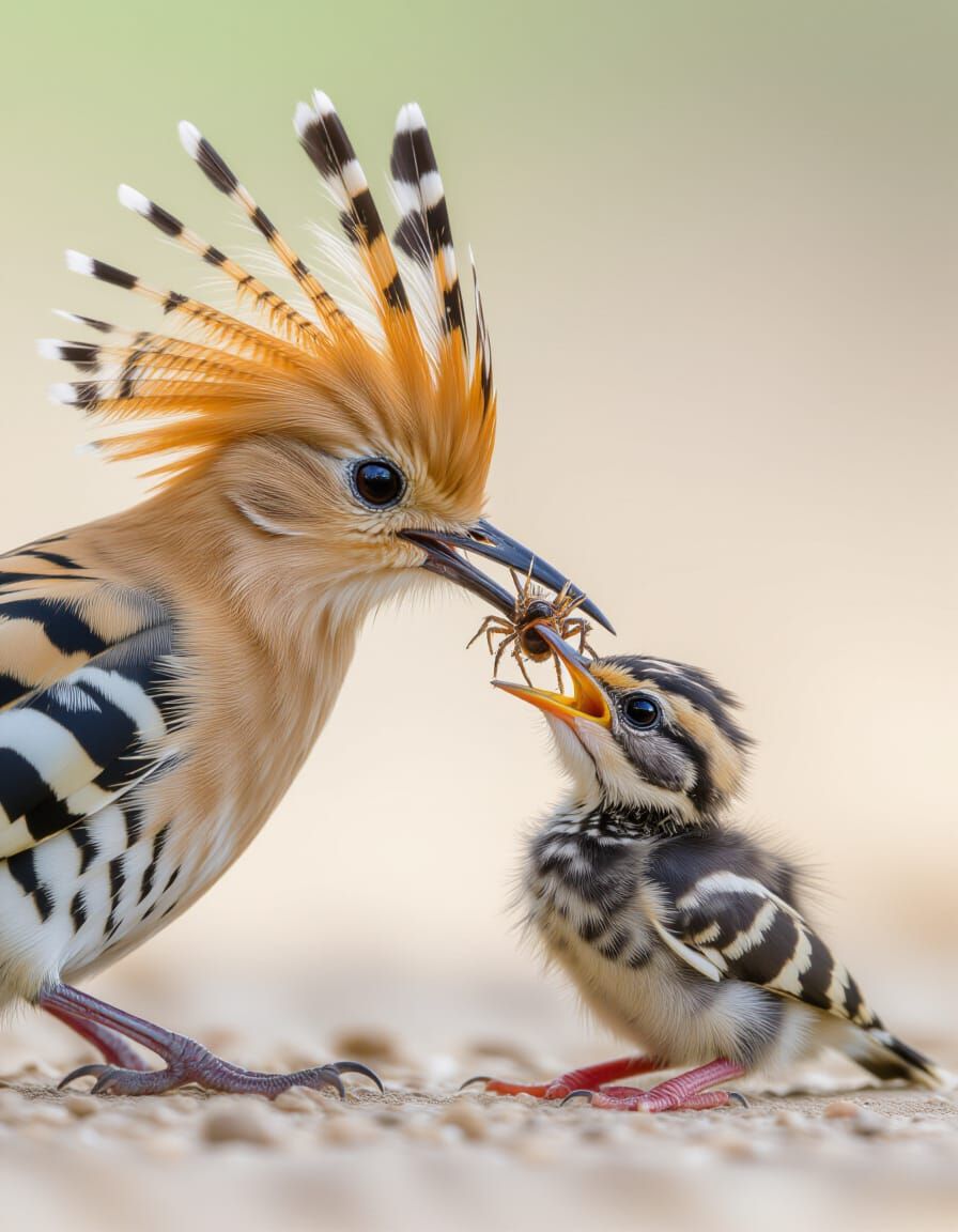  A close-up wildlife photograph of a Hoopoe bird feeding its chick a spider. The Hoopoe's striking patterned plumage and crest are in sharp ...