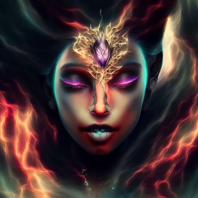 Beautiful brown skinned sorceress of fire, surrounded by flames and thick dark smoke, by Anna Dittmann. Black Gothic. In...
