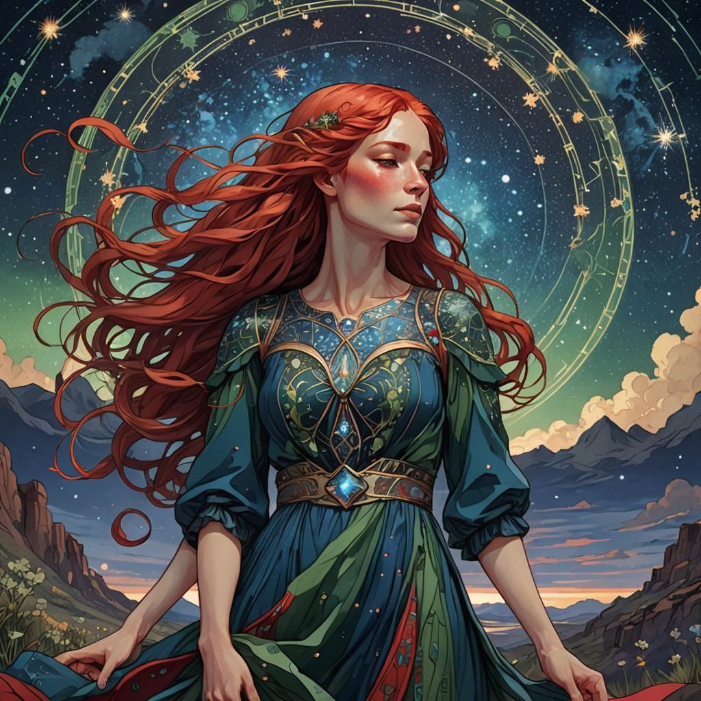 A girl standing in a long blue and red and green dress and a...