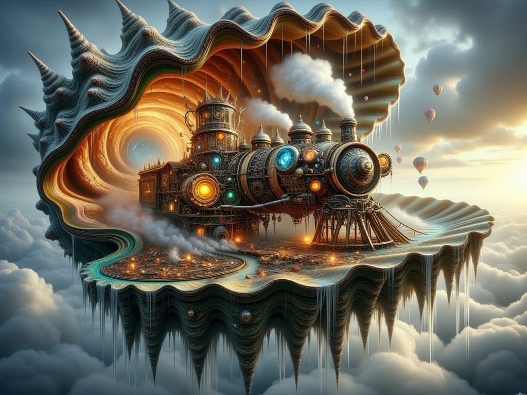 <lora:FiosFantasySeashells:1.0> Hyperdetailed fantasy art of giant open Triton shell on a Floating Steampunk city in the sky. beautiful Stea...
