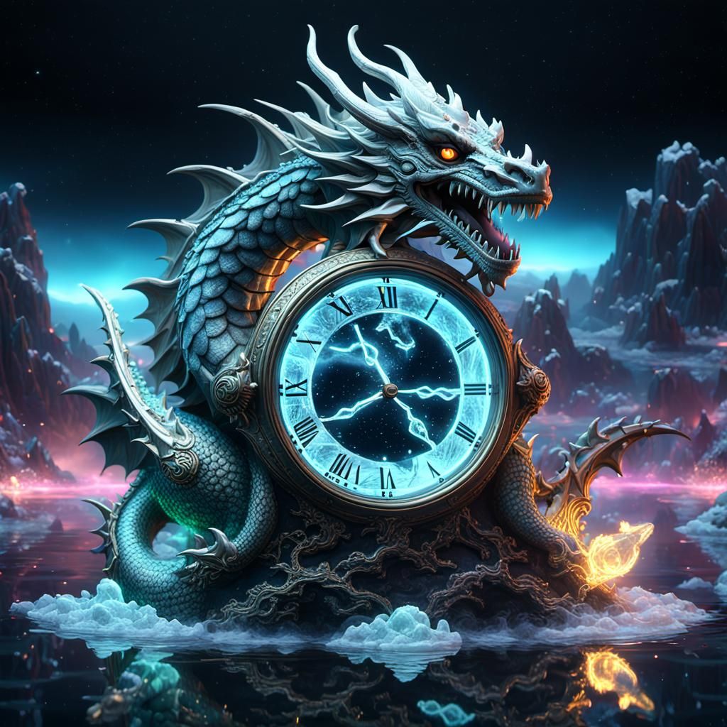 crystal Dragon clock strikes midnight over earth  ,crystal v...