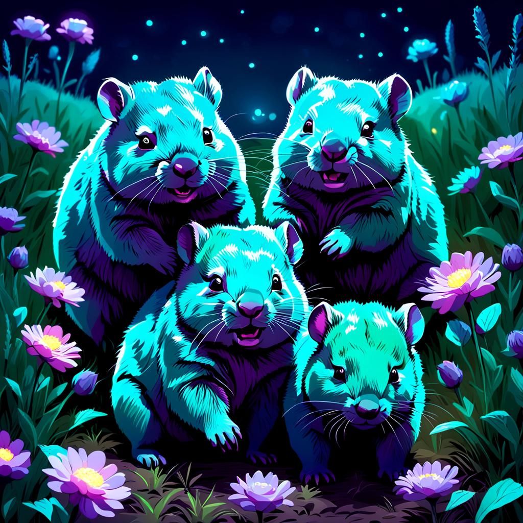glow-in-the dark cute wombats play in the flowers on a starr...