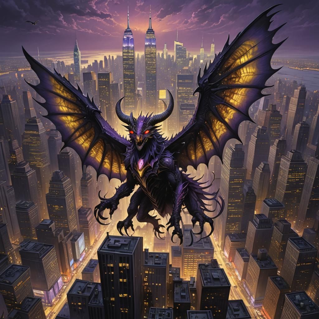 A monster that has 5 horns, 7 pairs of wings, and 2 heads soaring above New York City