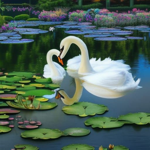 Two Swans in a Pond with Lotus Flowers - AI Generated Artwork ...