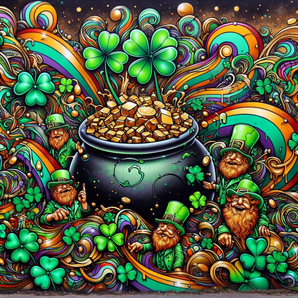 Shamrocks, pot of gold, leprechauns, abstract art complement...