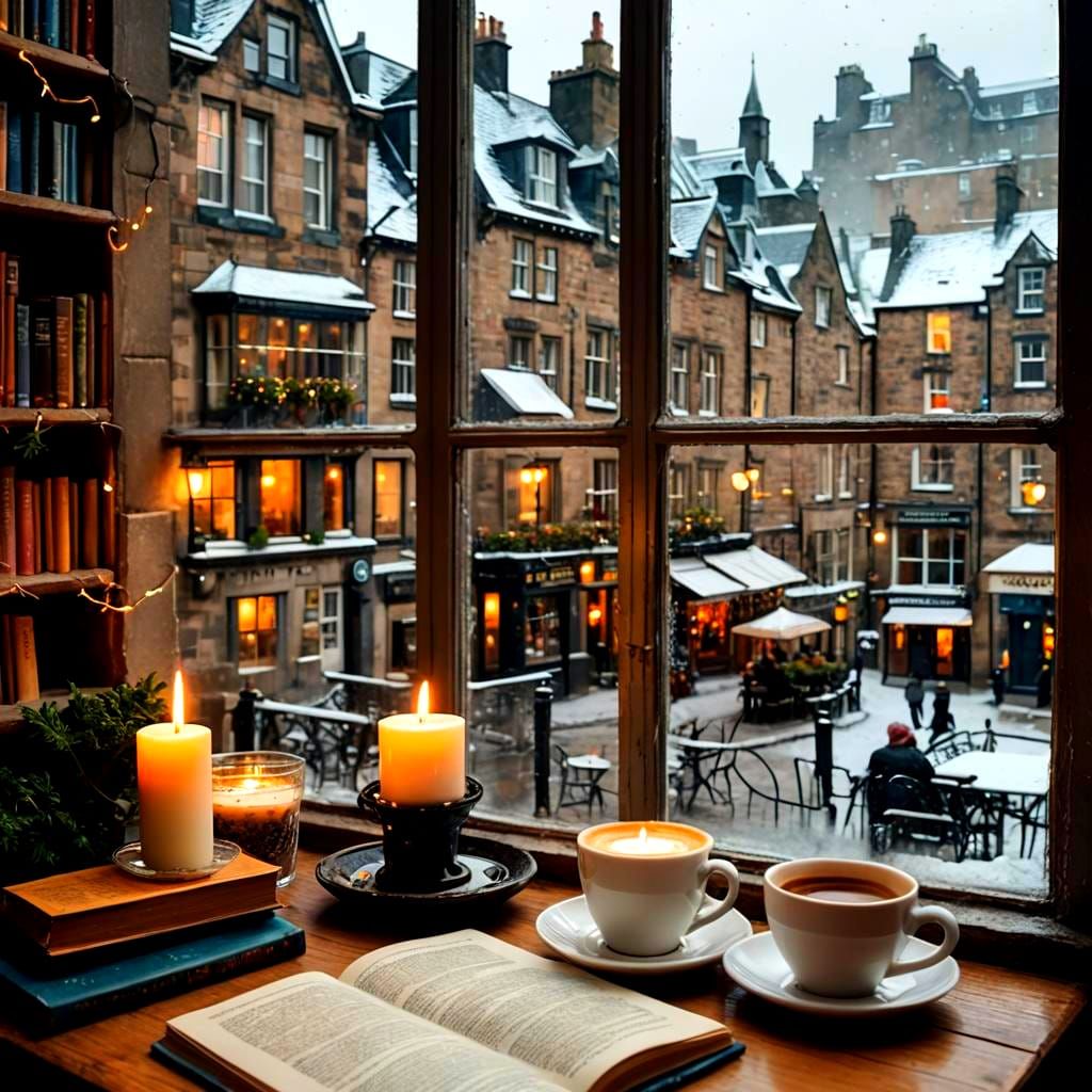A cozy cafe with an window overlooking the old town of Edinb...