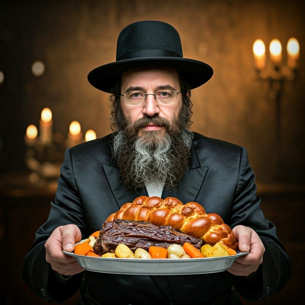 Hasidic Man Savoring Hearty Beef Feast in Warm Candlelight