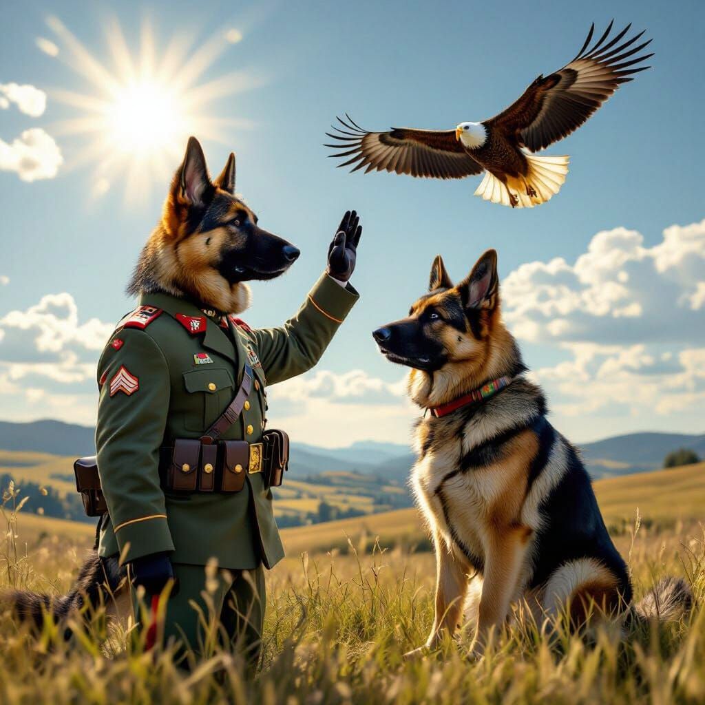 A patriotic German Shepherd, wearing a miniature, stylized military uniform and saluting a soaring eagle against a backdrop of a sun-drenche...