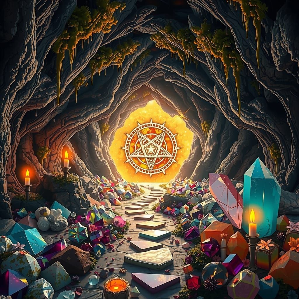 A mystical cave entrance bathed in a warm, glowing light. A stone path leads towards the light, flanked by piles of colorful crystals and gl...