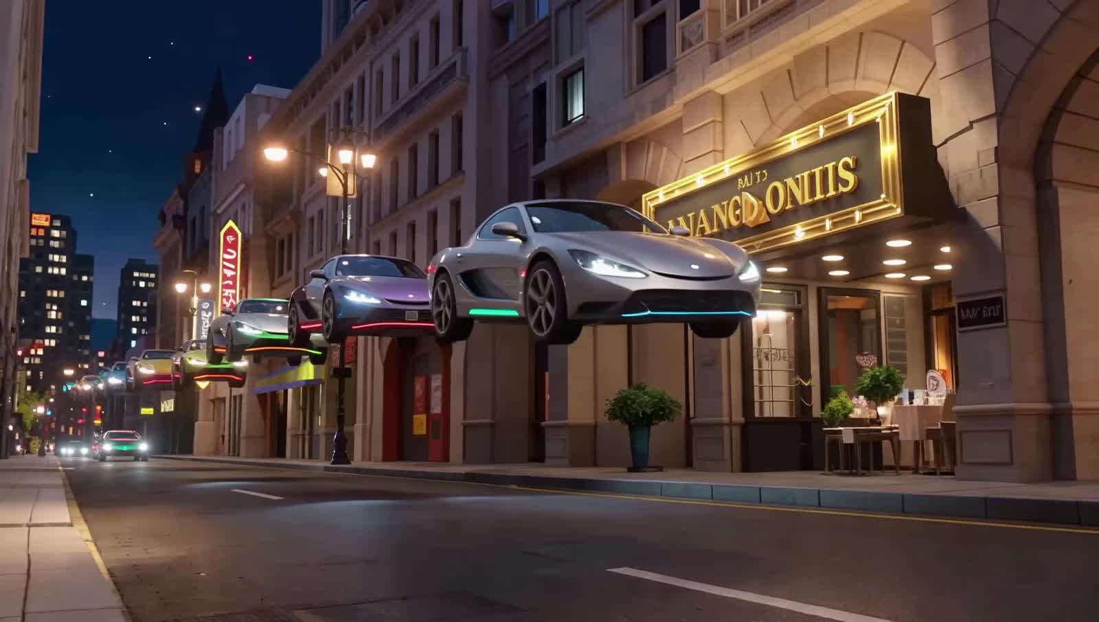 A row of luxury flying cars, each 3 inches from the ground, waiting in a Valet Line  to be parked at a 5 star restaurant...