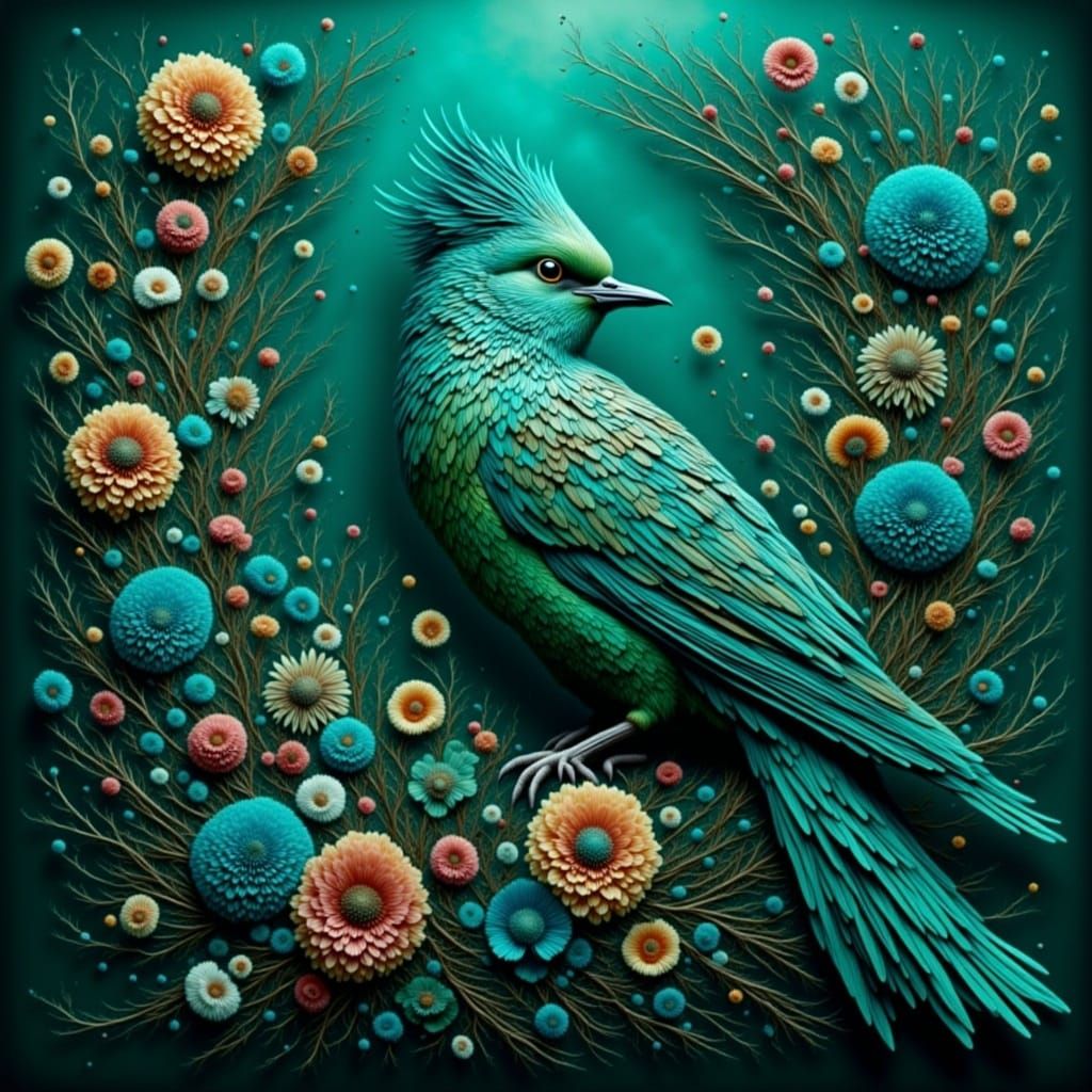 <lora:Flora Lora:1.0> hyperrealism, photo quality, a beautiful teal-coloured bird perched on a floral wreath, flowers woven everywhere into...