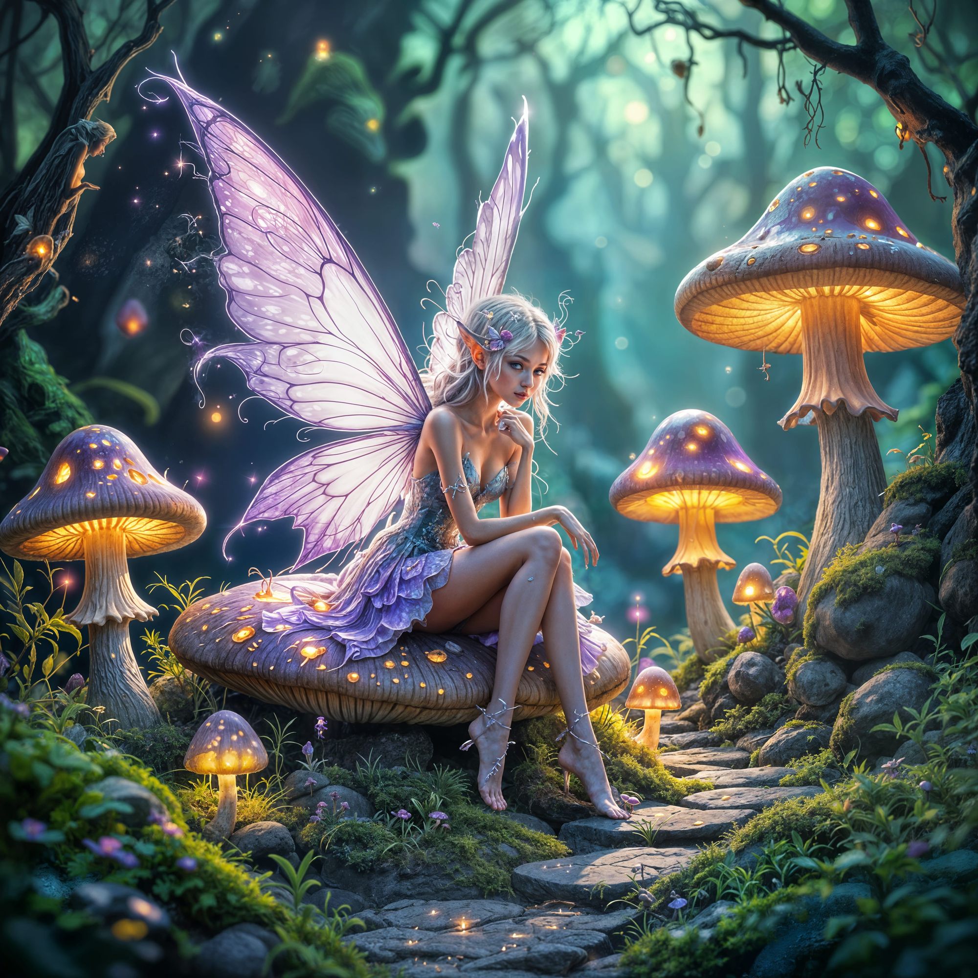 Purple glowing beautiful fairy in glowing magical mushroom fairy with magic faces in rocks.