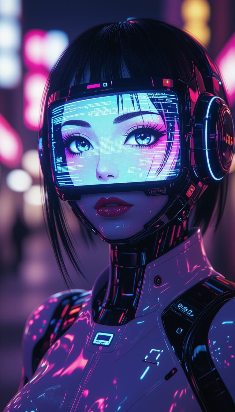 Android waifu turns to smile and beckon flirtatiously at the viewer, blowing viewer a kiss.