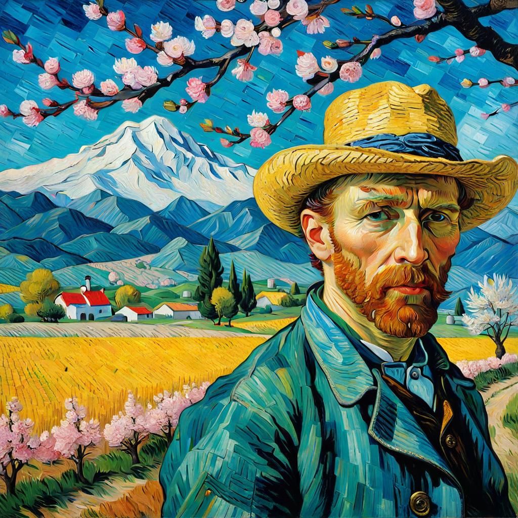 Self-Portrait Vincent Van Gogh Oils, Cherry Blossom, Mountains.  by @Evil644