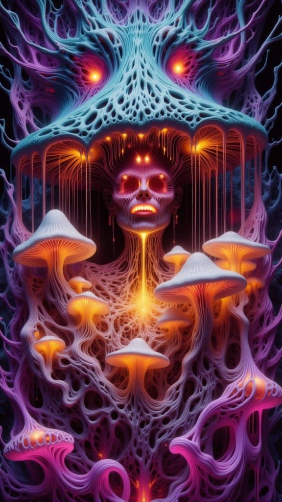 Psychedelic Portrait of Woman Eating Luminous Mushrooms