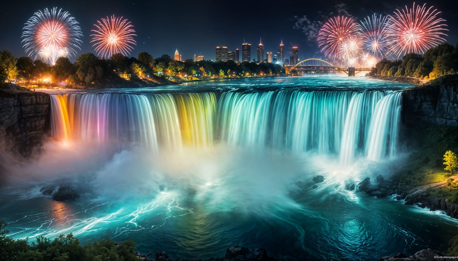 Niagara Falls illuminated at night  by @Fiona Etkin 1974 