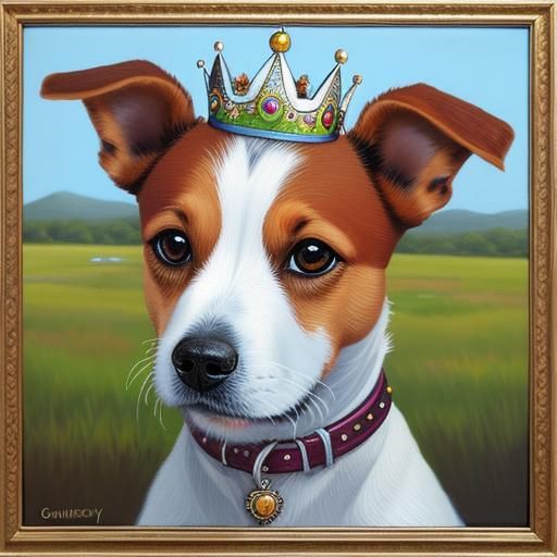 A jack russell terrier wearing a rainbow mini jewelled crown