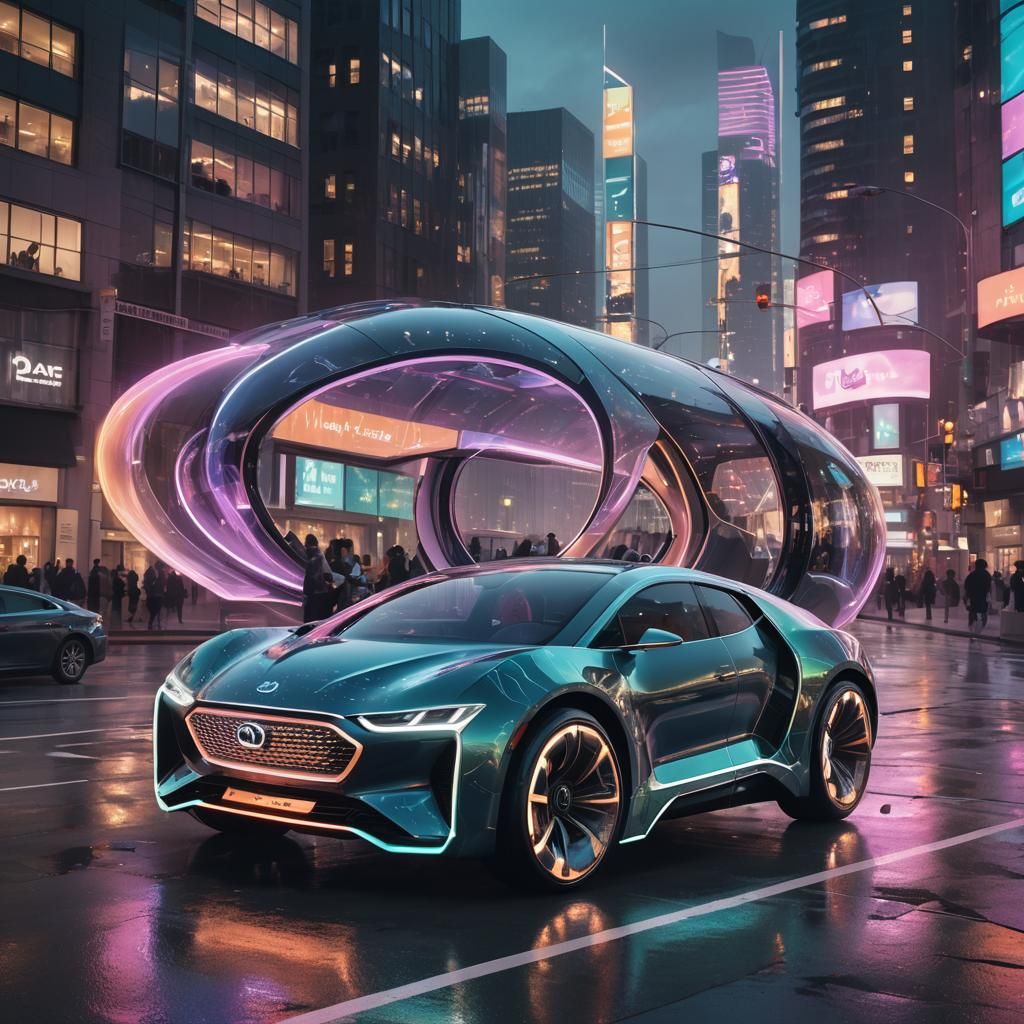 Futuristic Biomorphic Vehicle in Misty Cityscape