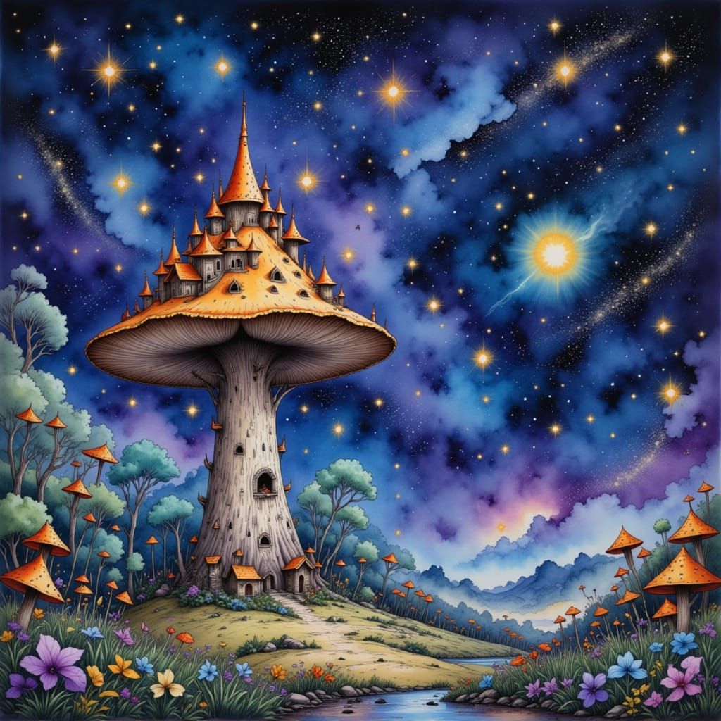 A whimsical fairy village is nestled within a giant, bioluminescent mushroom. The sky above is a breathtaking display of the Starry Skies th...