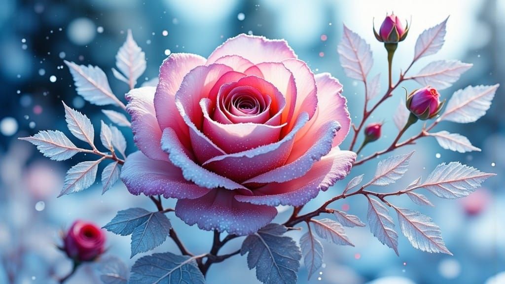 <lora:whimsical ink:1.0> icy rose on snowflake pattern, high details, masterpiece,vladimir zarubin