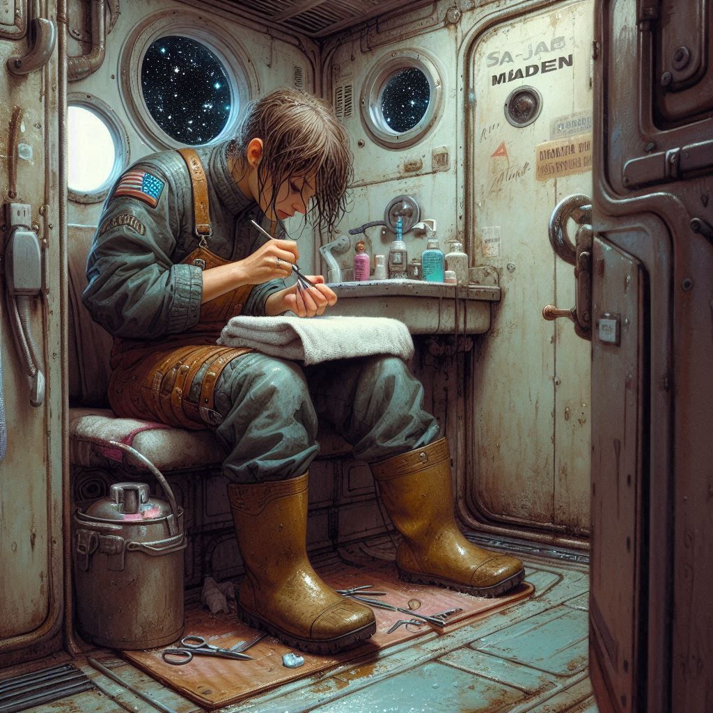In the restroom of an old spacefreighter, a tired female wor...