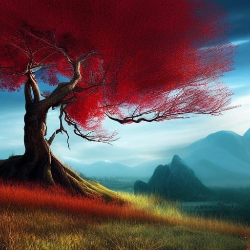 red tree on the hill