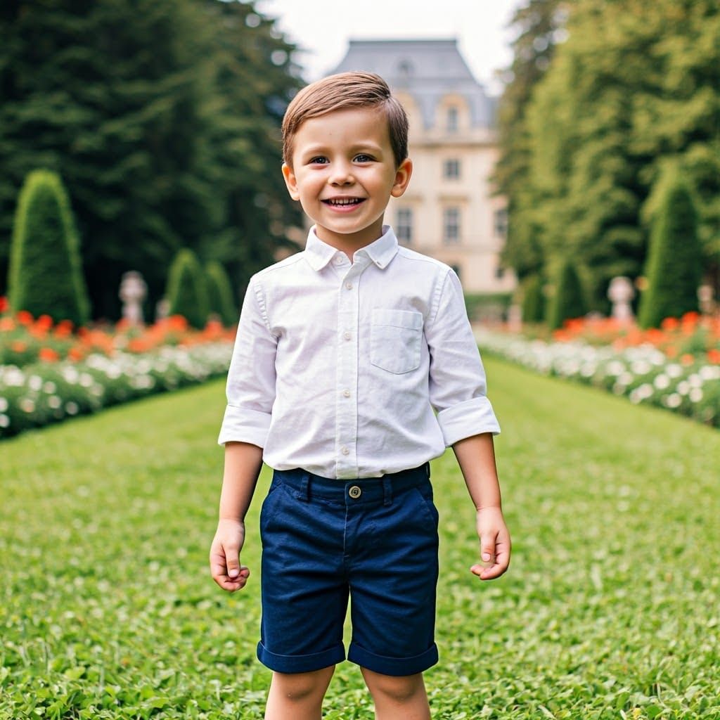 Happy Young Boy in a Lush Garden with Mansion