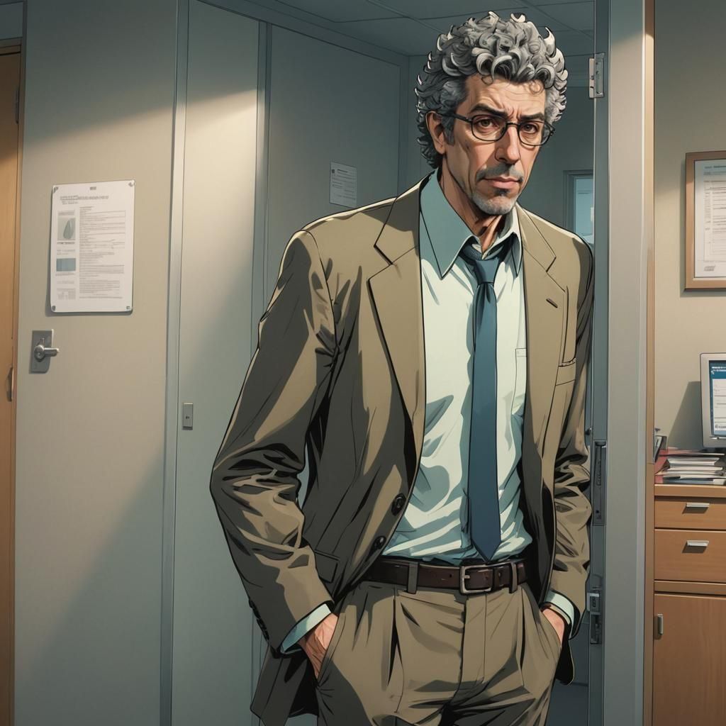 Eric Bogosian with glasses standing in an office by a door