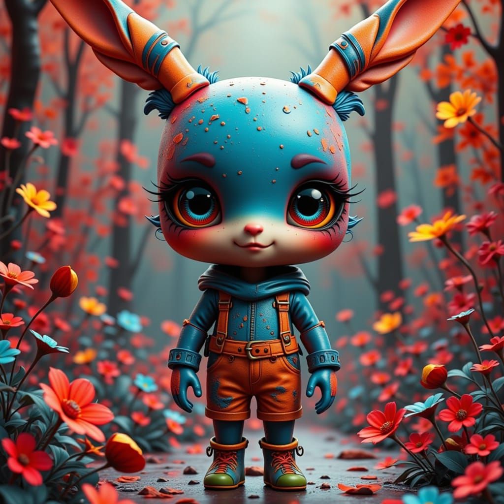 two-colors, like-chibi, big-eyes, like-doll, whimsical ??? hybrid creature with stitched leather skin, dressed in a worn dungaree, holding a...