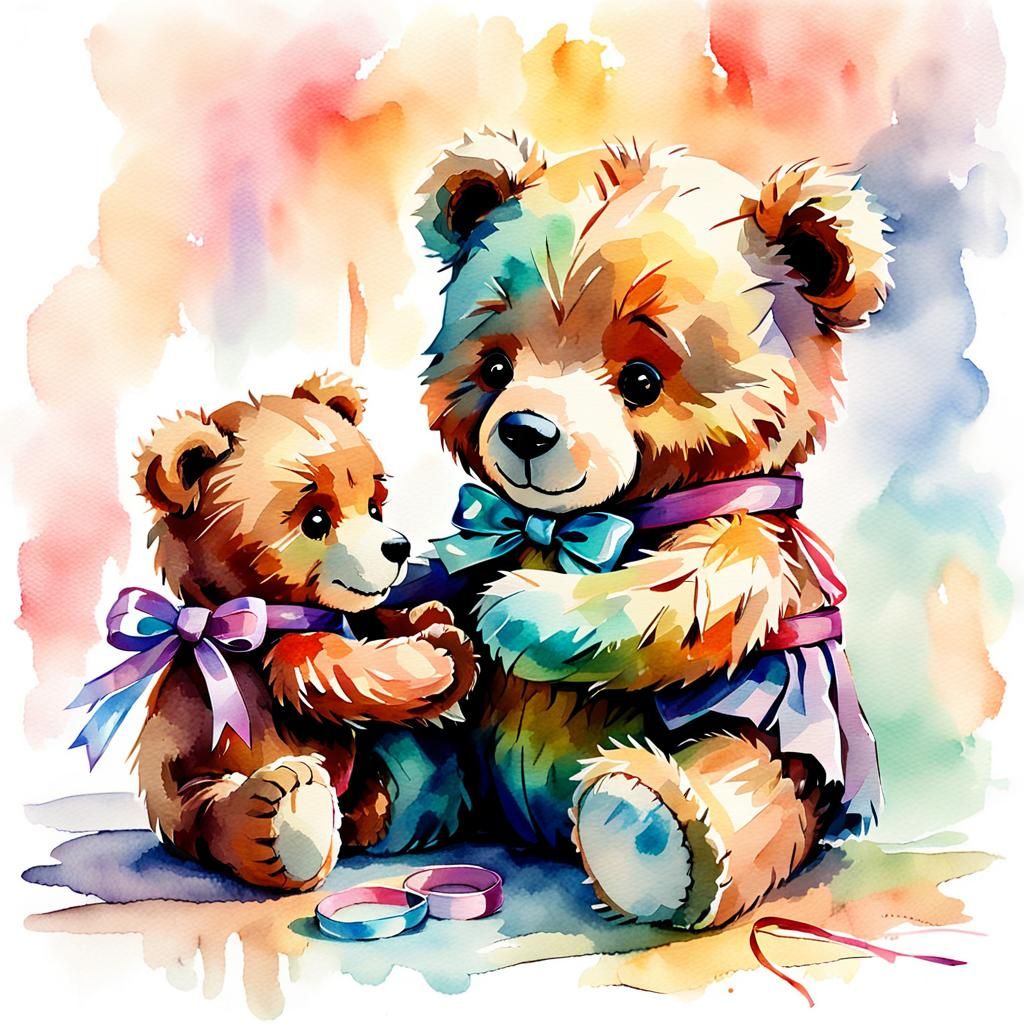 Teddy Bear Receives Ribbon: Digital Watercolor Painting