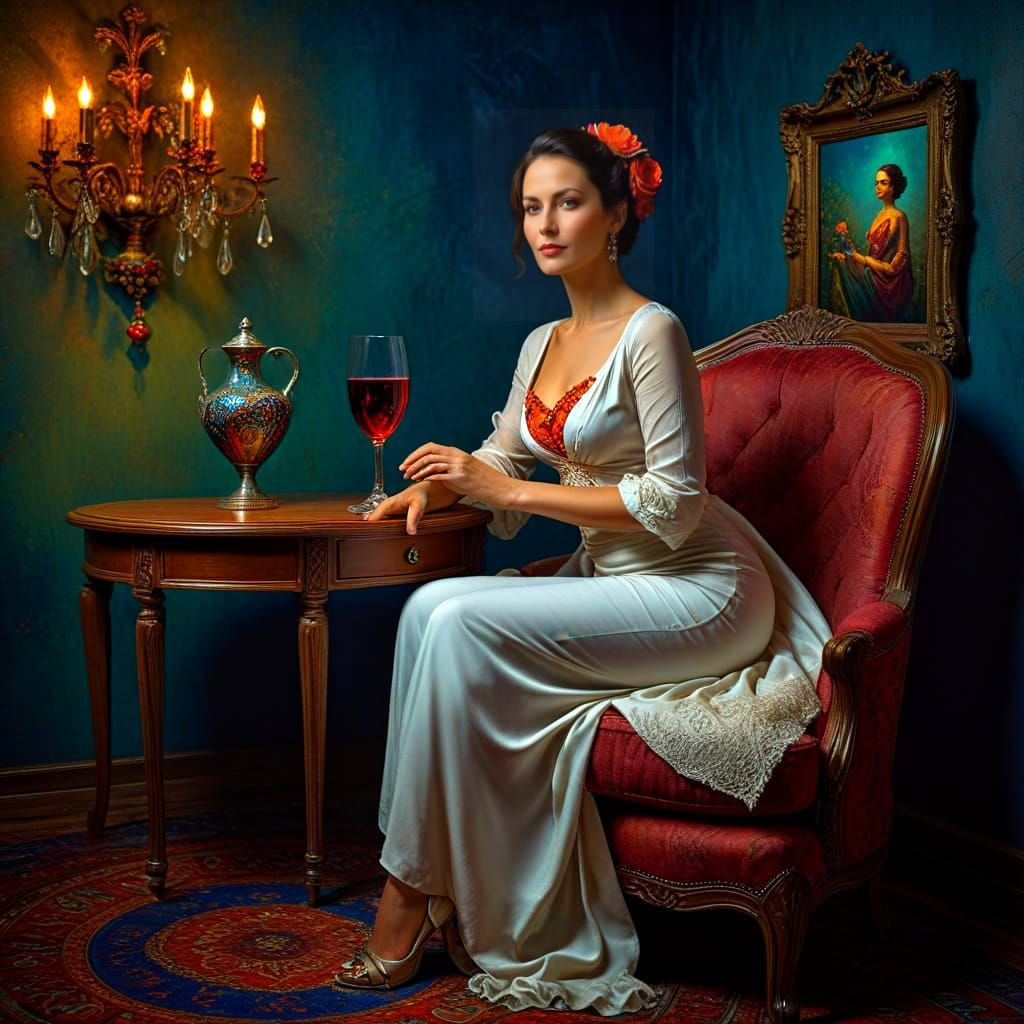 Surrealistic Lady in Elegant Attire Amidst Vibrant Dreamscap...