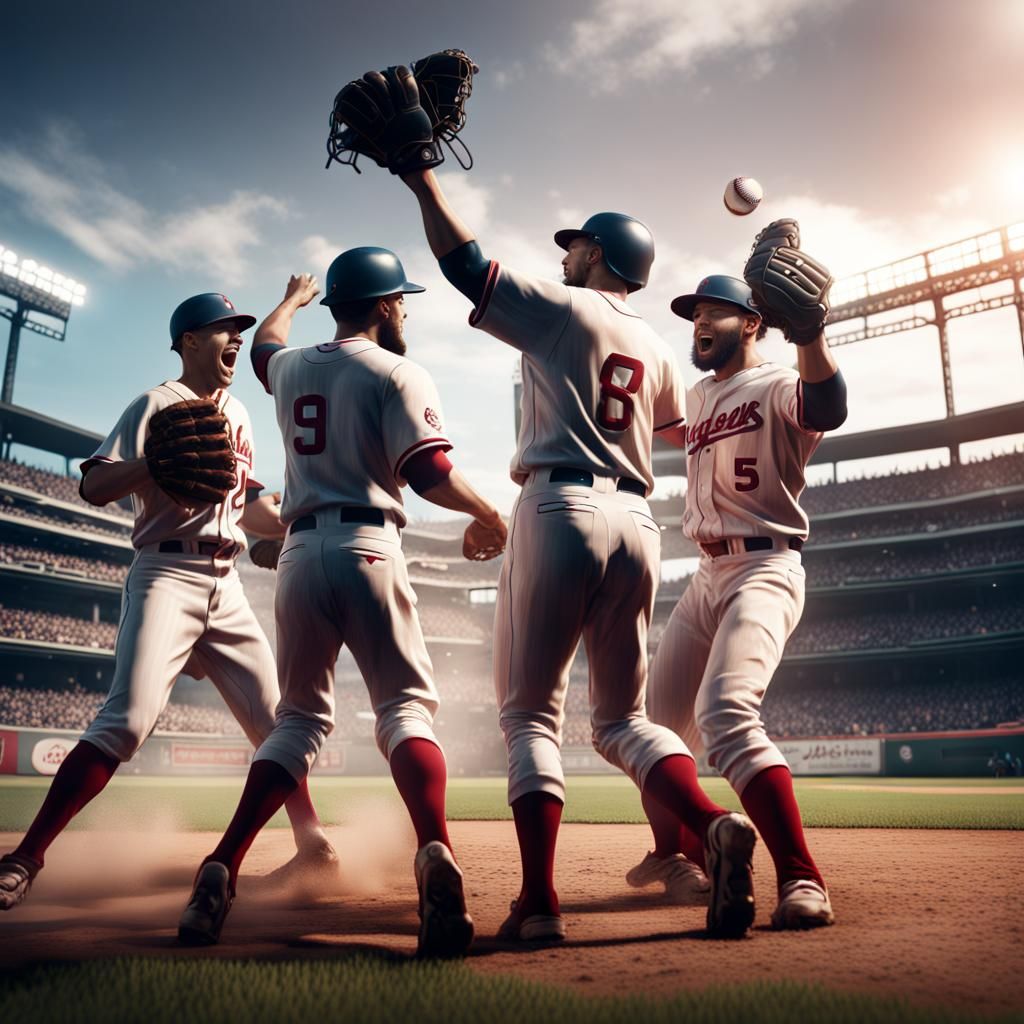 A group of baseball players celebrating in the outfield