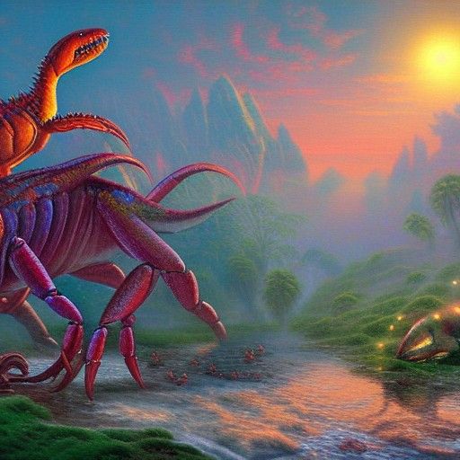Slimy crab creature fighting a dinosaur