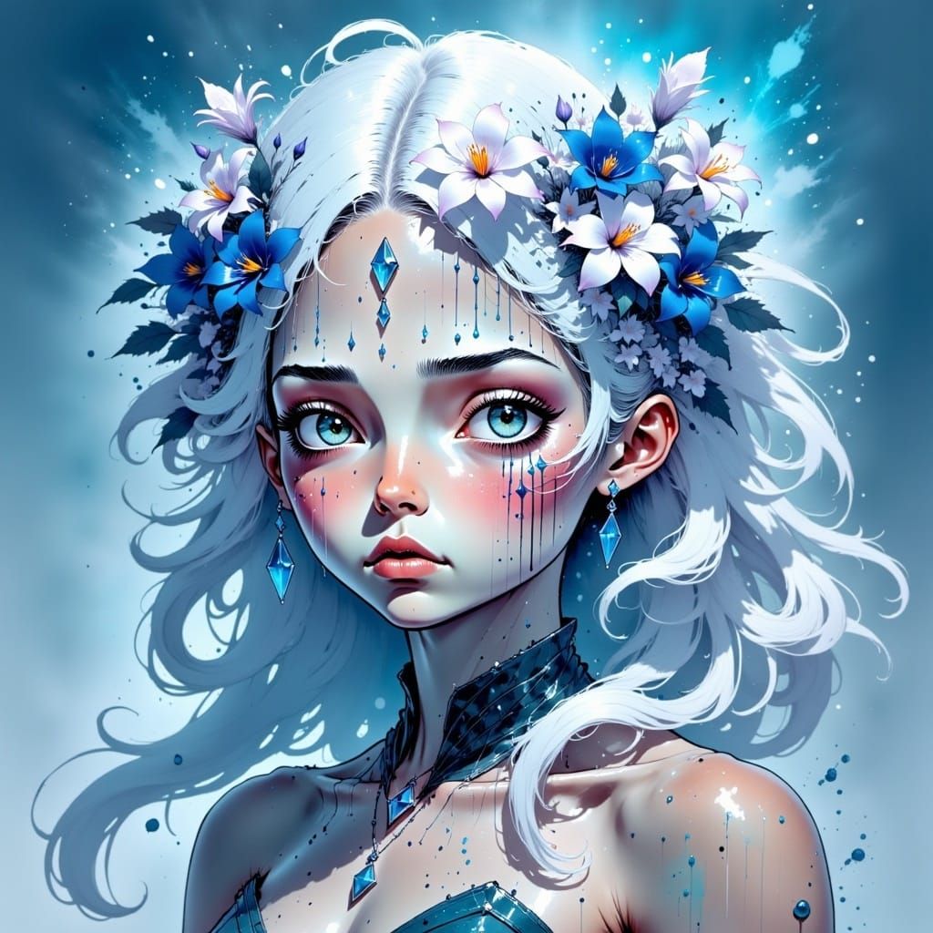 <lora:Ttogttog Ingkeu Fx:1.0>, crystalline goddess, blue glowing flower eyes, long hair, detailed head and shoulders portrait, detailed intr...