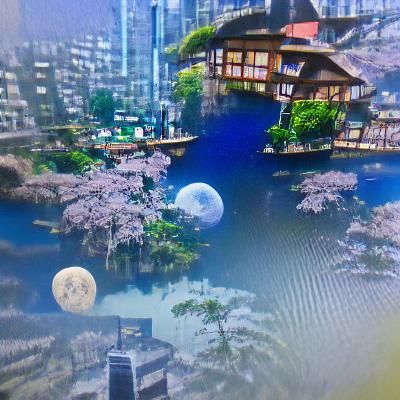 A beautiful city with a moon hovering above it inside of a J...