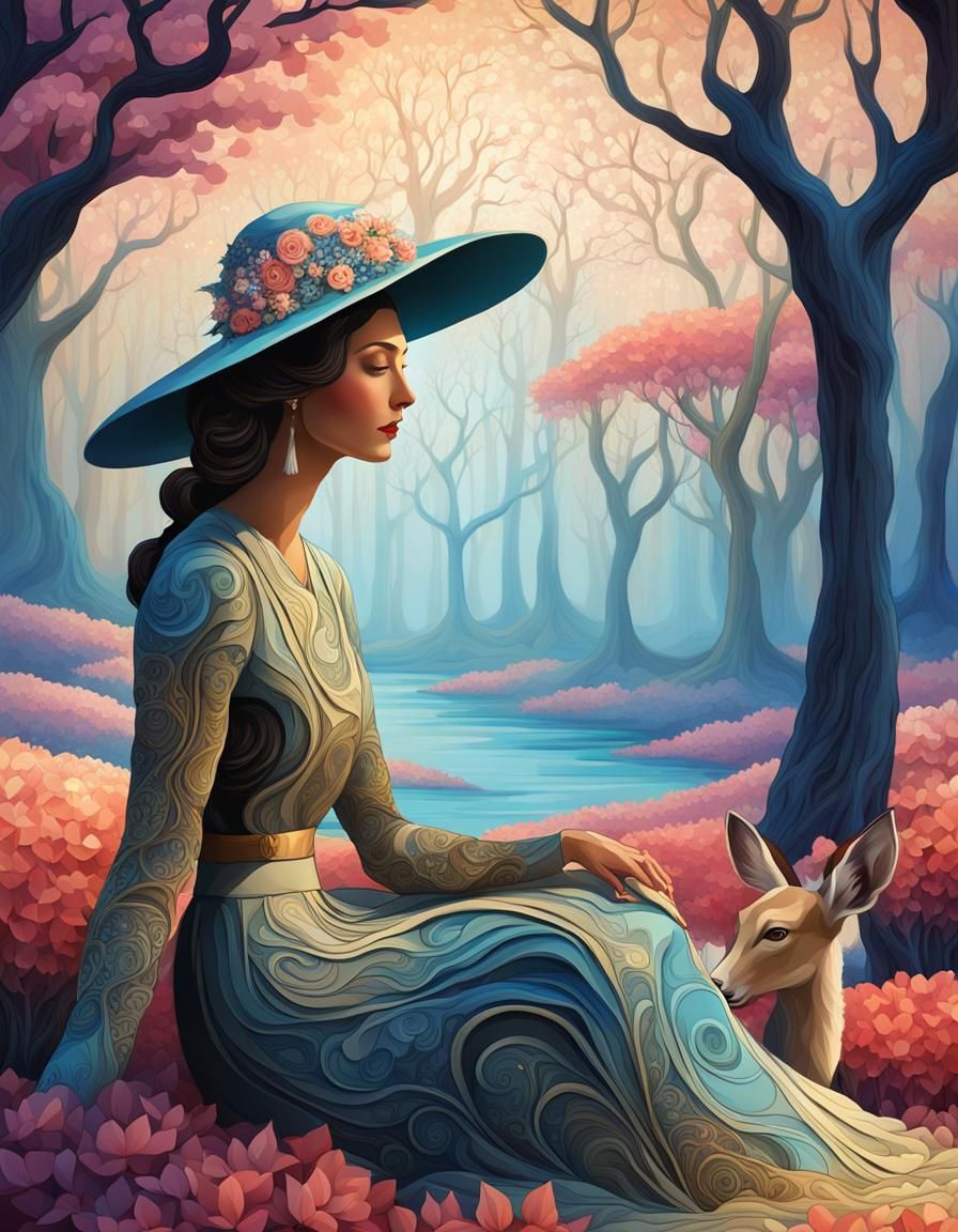 beautiful in Dalì style, folk dress, hat with flowers, sitti...