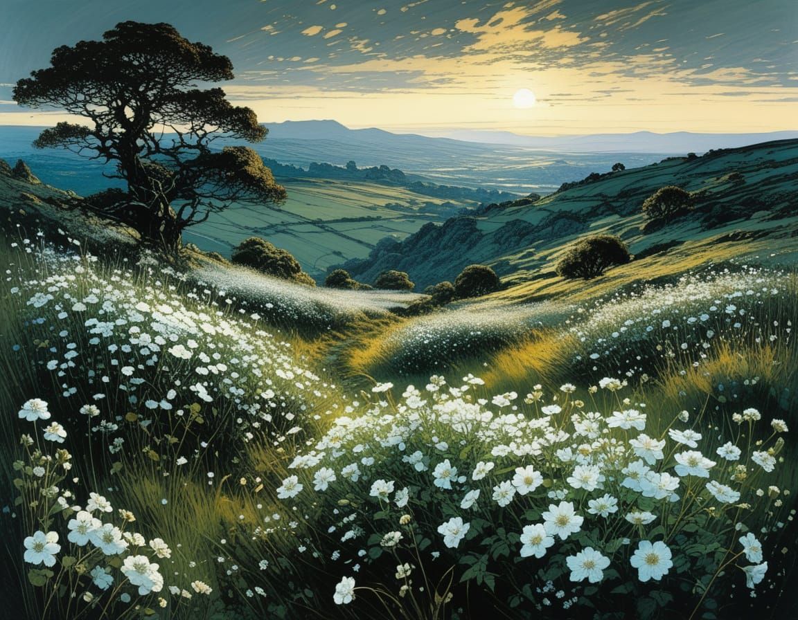 white flowering bushes in a blooming flower meadow in a hilly landscape, by Arthur Rackham, Carne Griffiths ...  by @Tina auf der Blumenwiese