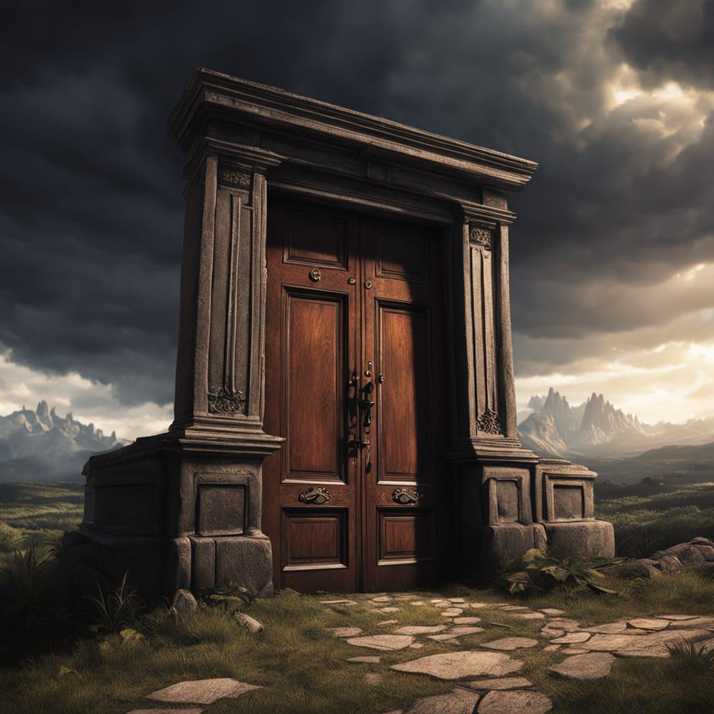 A dark old wooden door at the hill leading to nowhere. Evening time, lighting in sky, dark clouds. Darkness ...  by @A Wahab