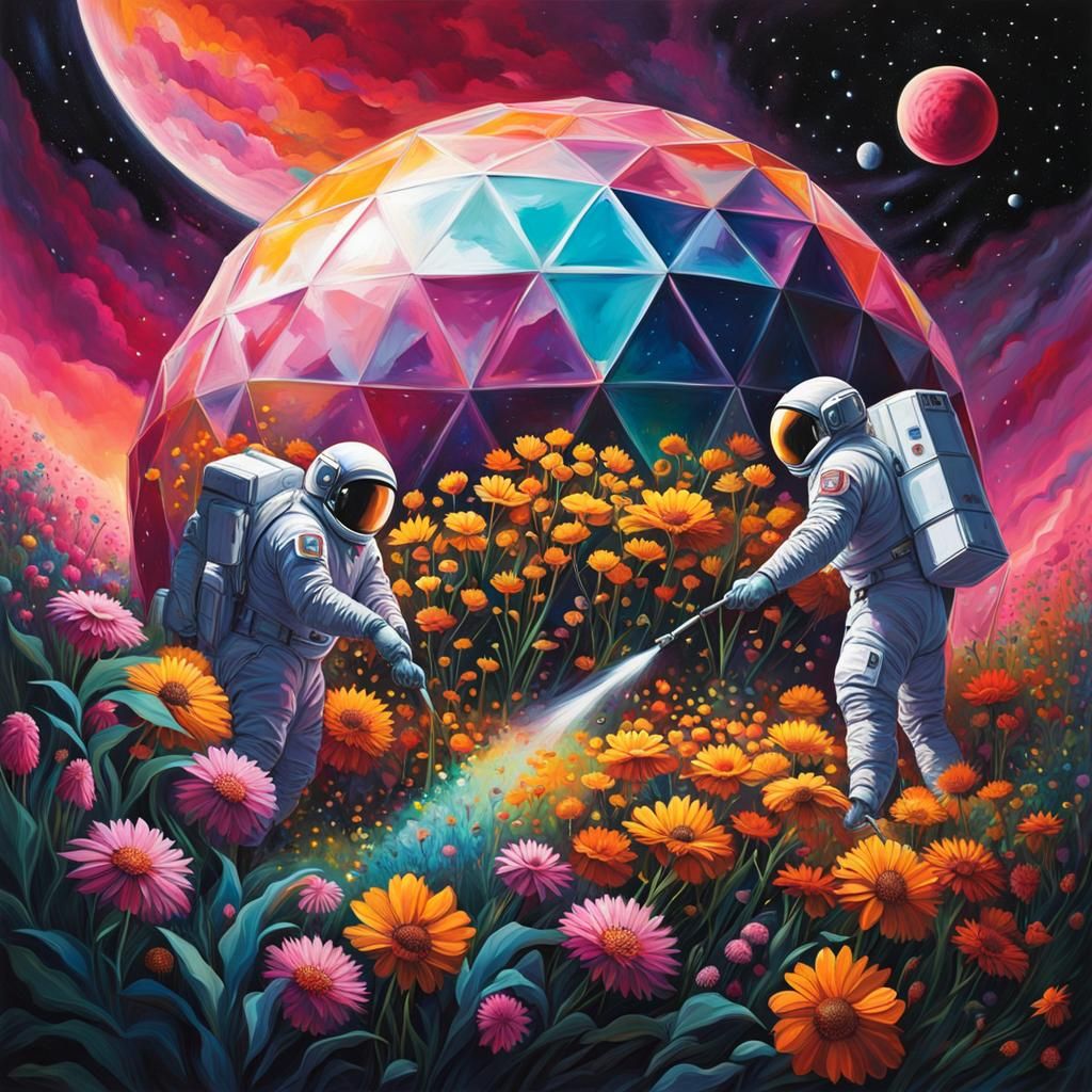 Three men in spacesuits tending to the flowers in a geodesic...