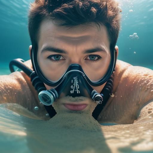 Hot male Scuba Diver sinking in Quicksand.