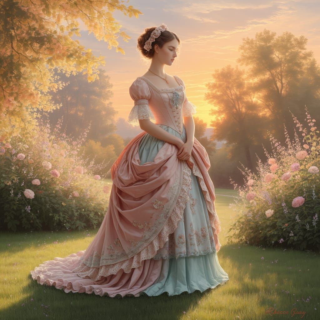 Masterpiece in oils,  summer sunset Victorian lady wearing a flowing dress,  in style of Rebecca Guay 