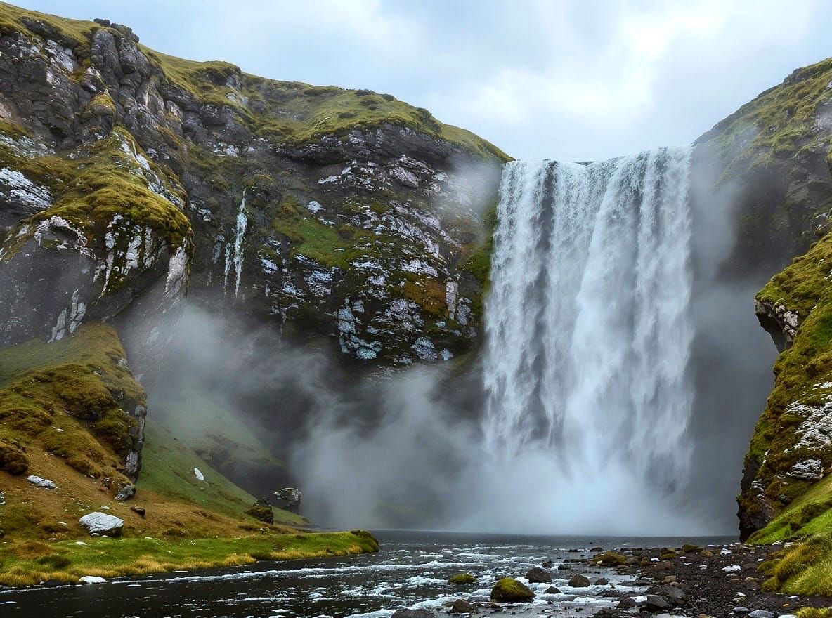 Icelandic Waterfall cascading into a River