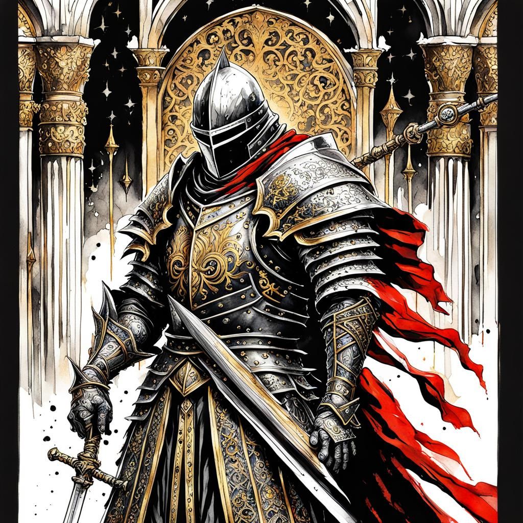 Gothic Knight with Enchanted Sword in Watercolor Style