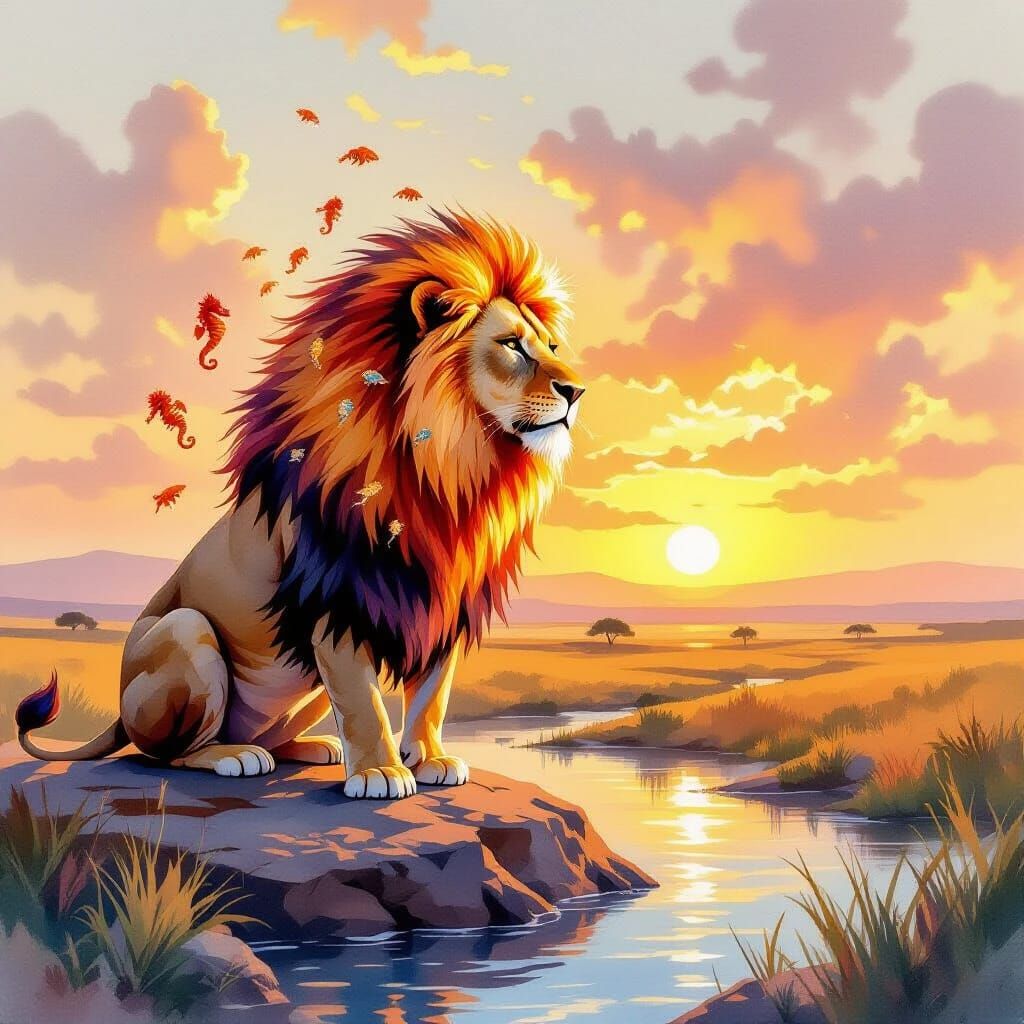 Lion with sea horses