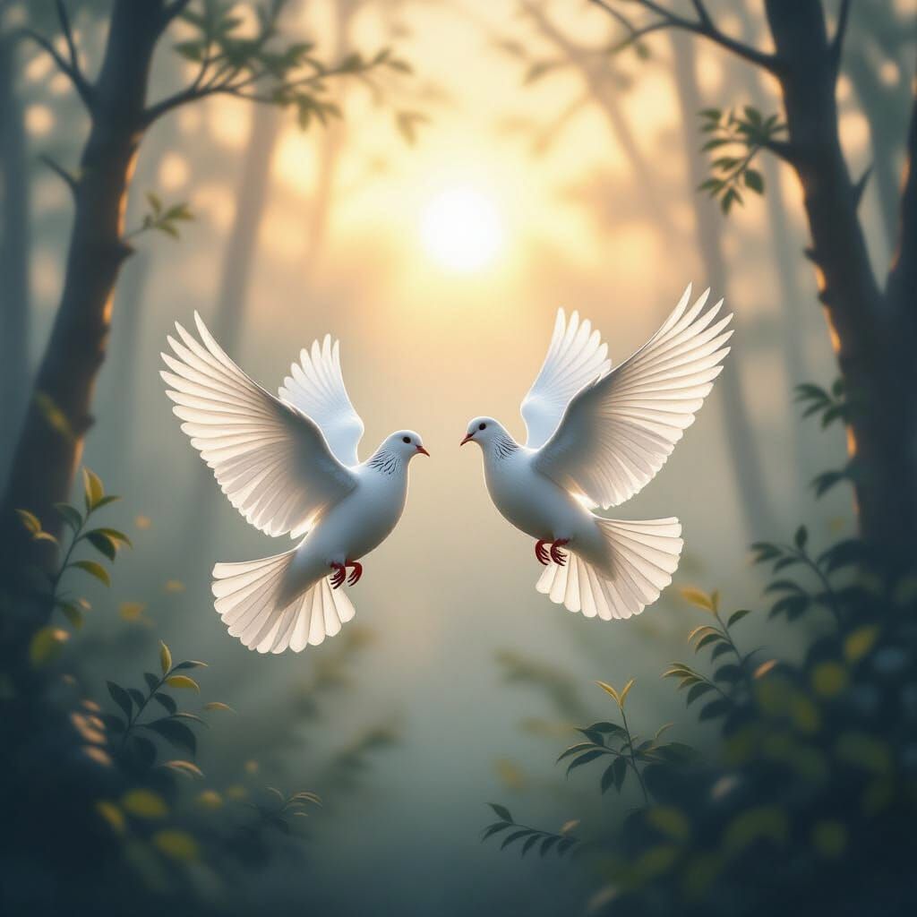 Doves Symbolizing Enduring Love in Misty Forest
