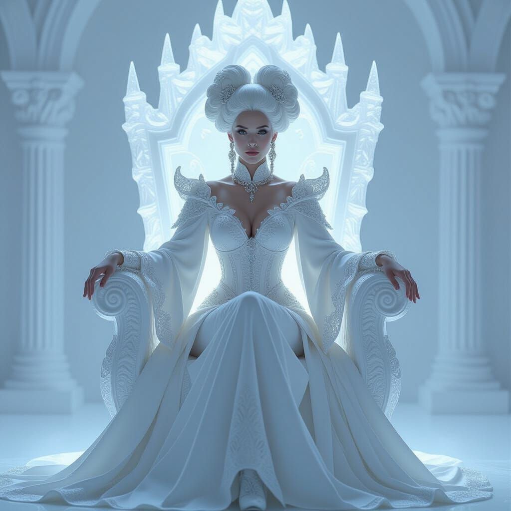 A regal white witch, adorned with elaborate baroque hair, sits on a carved ice throne, bathed in an ethereal ...  by @Curius Aplha