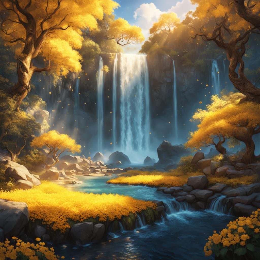 מפל מיים משהו משגע עם עצים צהובים וליד מלאאא פרחים צהובים נראה אמיתי ומשגע 