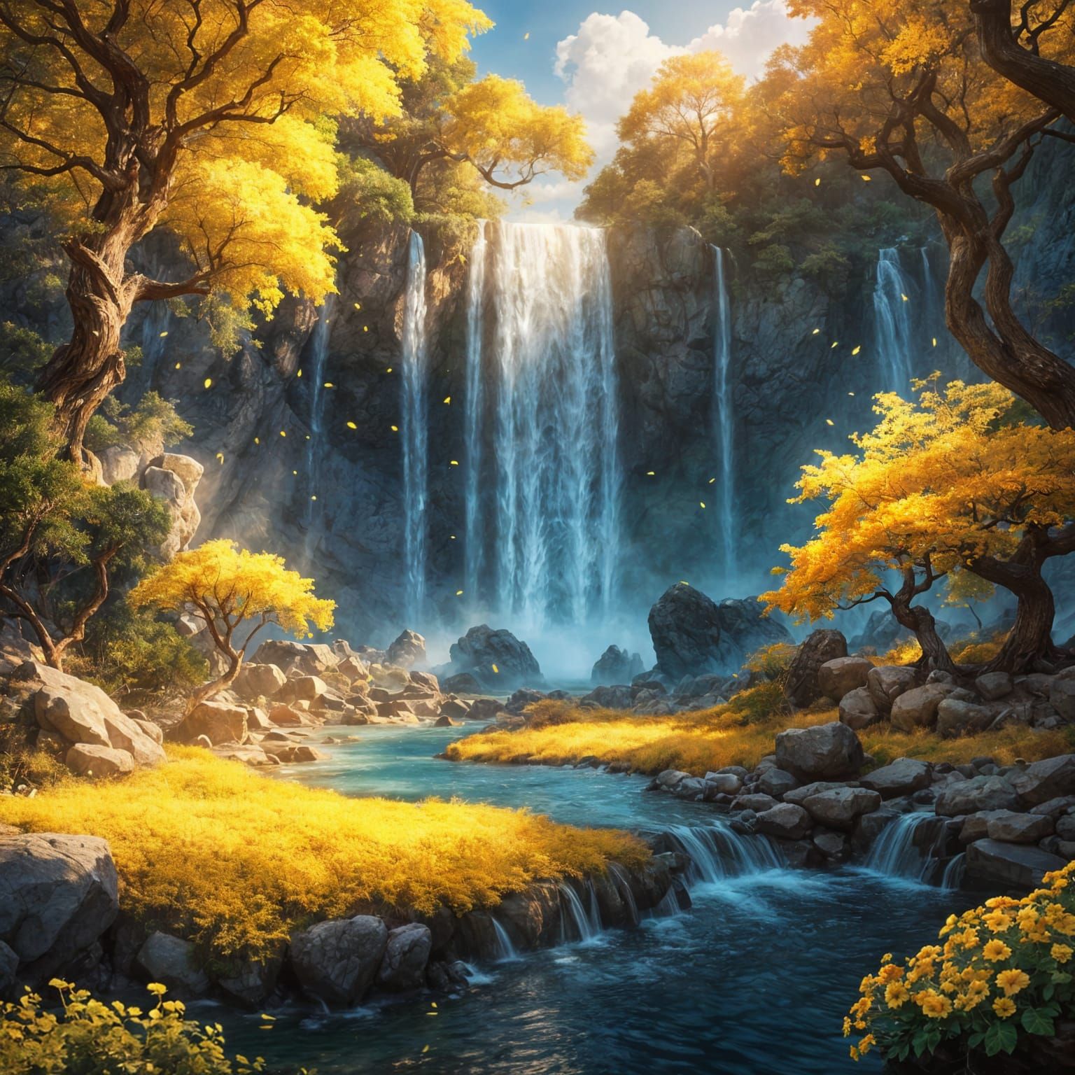 Stunning Waterfall with Yellow Trees and Flowers