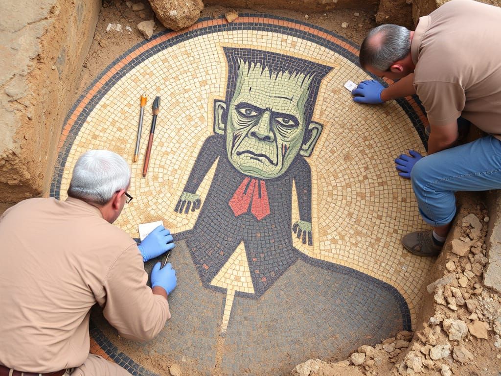 Archaeologists uncovering a colourful Roman mosaic of Frankenstein   by @rrruss